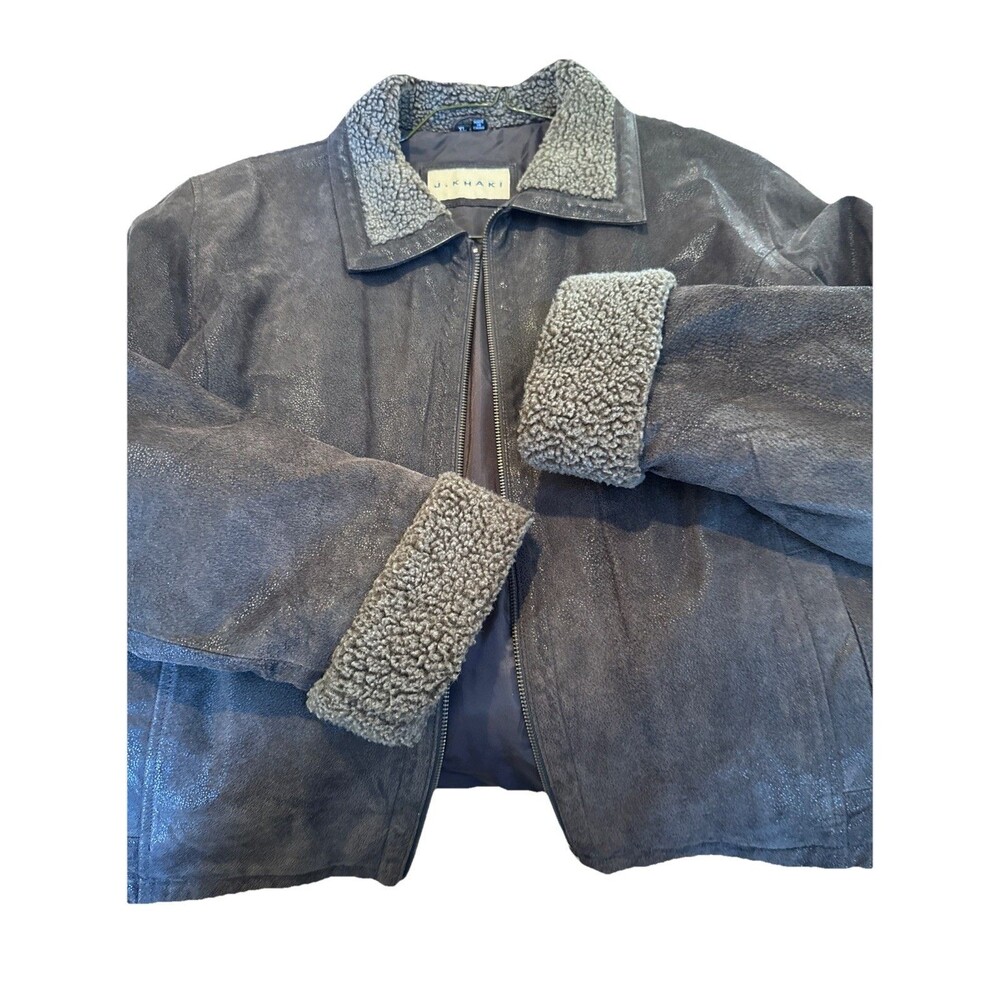 J. Khaki Men’s Brown Leather Bomber Jacket Sherpa Collar Size XL Aviator Style - Picture 6 of 10